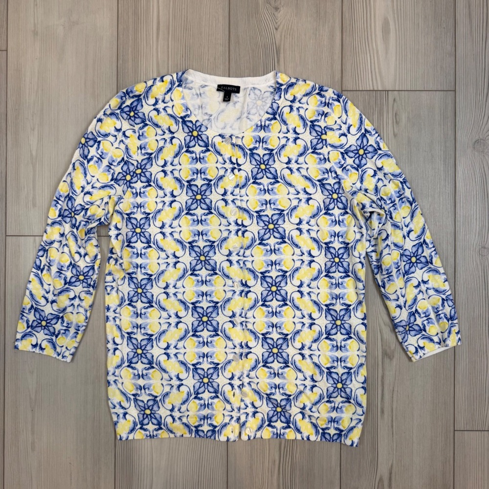 Talbots Blue Yellow Lemon Tile Print Cardigan Sweater 3/4 Sleeve Cotton Blend S